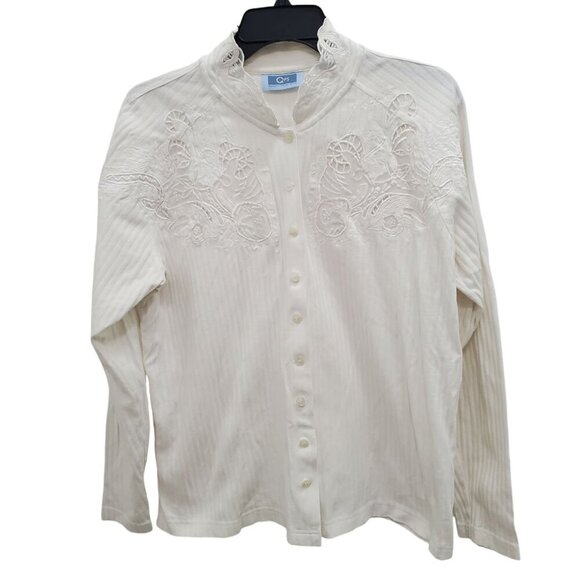 QPS Womens Vintage 80s 90s White Ribbed Cottagecore Lace Embroidered Button Up L - Picture 1 of 8